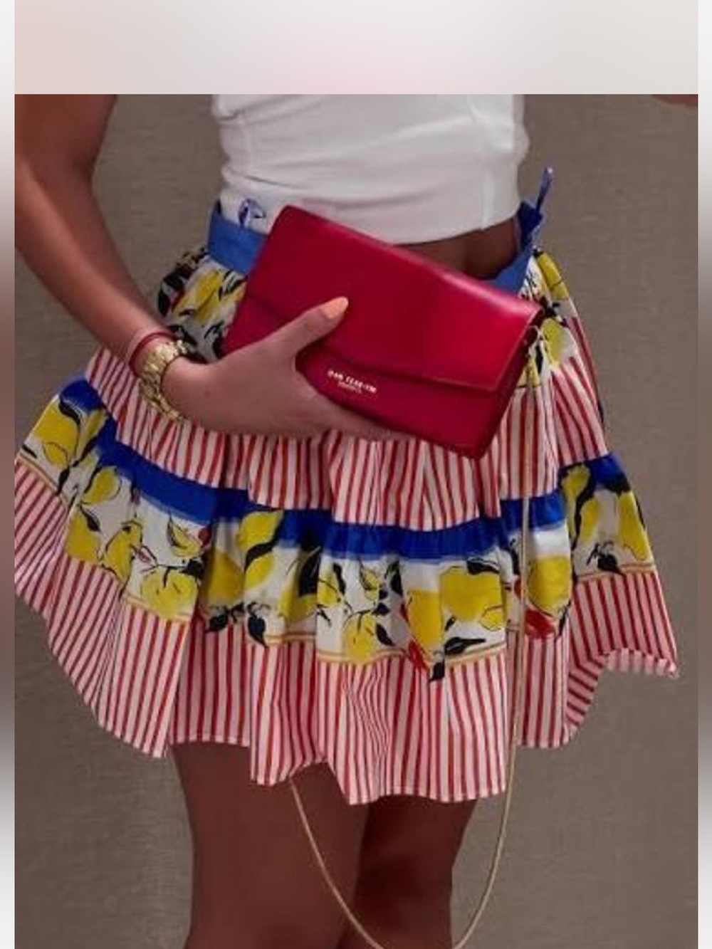 Zara Striped Floral Tiered Mini Skirt in Red, Blue & Yellow